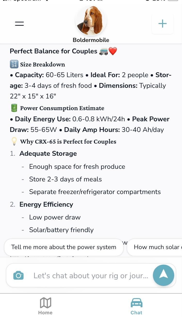 What size fridge is good for a traveling couple and estimate power consumption